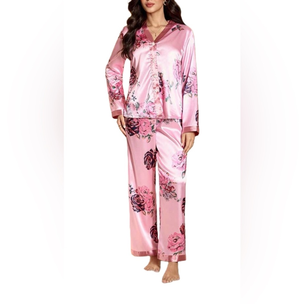 Floral Pink Satin Pajama Set S
